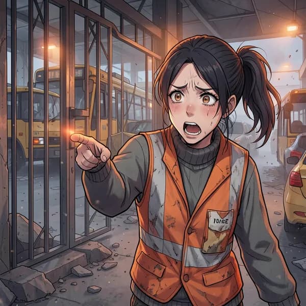 A distressed woman in an emergency vest pointing toward a gate in a chaotic, debris-filled transit hub.