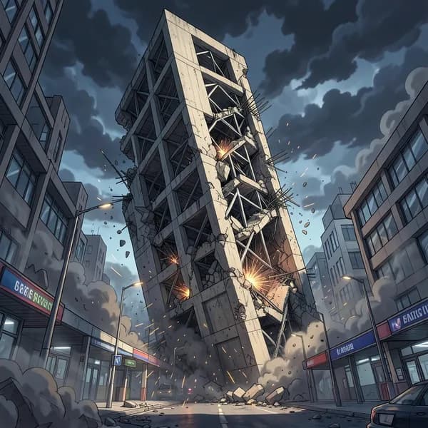 A massive skyscraper leaning precariously, its steel skeleton snapping and twisting as it begins to collapse.