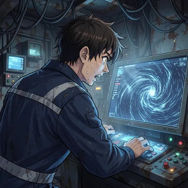 A distressed engineer staring at a sonar screen displaying impossible, gargantuan readings in a dark control room.