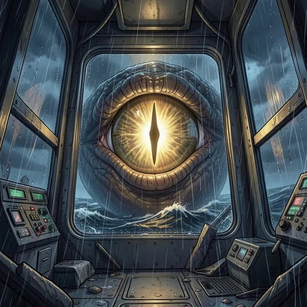 A gargantuan, reptilian eye the size of a building peering through the shattered reinforced glass of an oil rig control room.