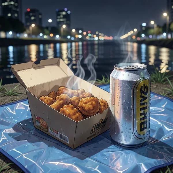 A close-up of a picnic mat with spicy fried chicken and a cold beer can by the river.