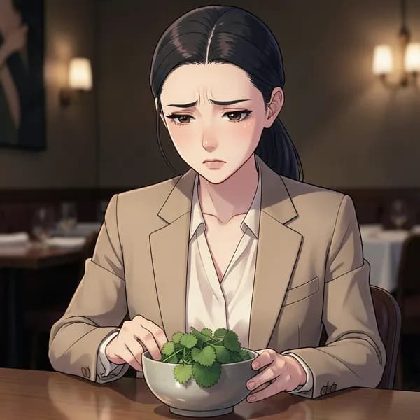 A woman in professional attire looks down nervously at a bowl of perilla leaves at a restaurant table.