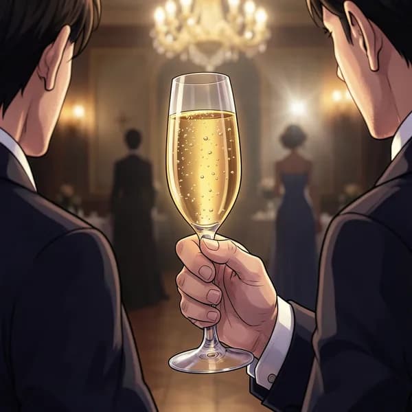 A crystal champagne flute held by a man's hand, with a blurred, elegant woman standing in the background.