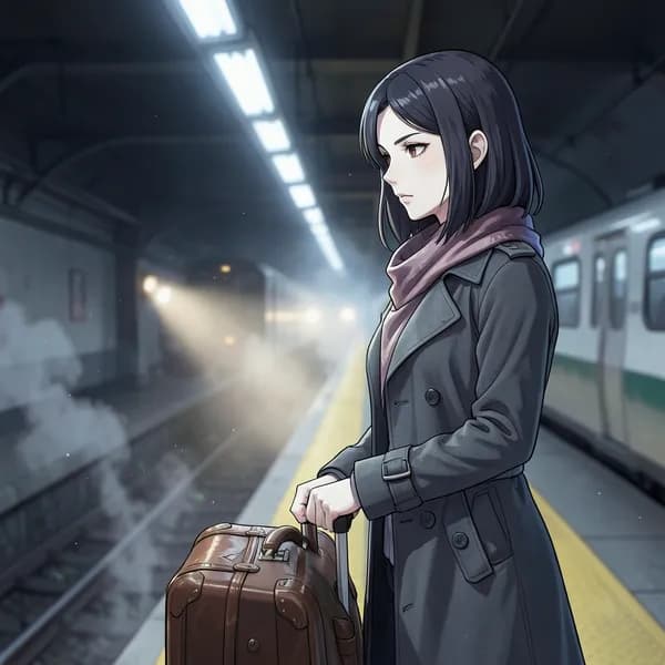 A woman stands on a subway platform holding a suitcase, looking away with a tense, resolute expression.