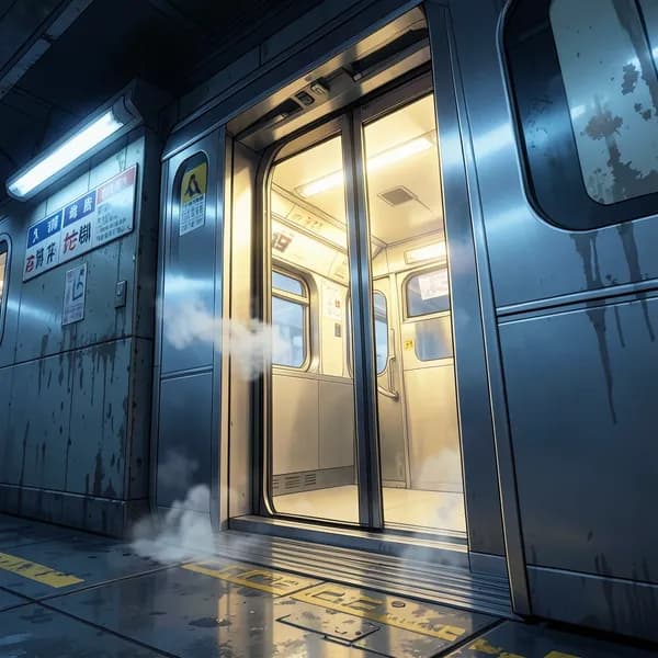 The stainless steel doors of a subway train sliding open, revealing a glimpse of the empty interior.