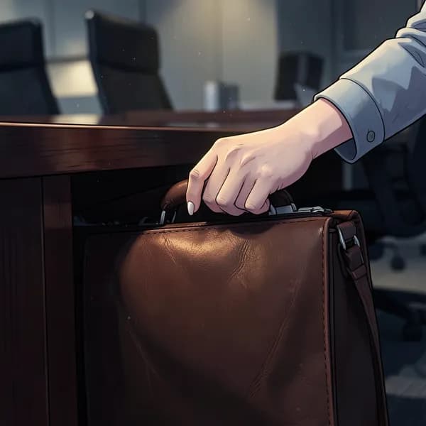A close-up of a woman's hand gripping a leather briefcase strap under a boardroom table.