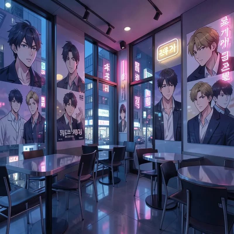 Idol-Themed Cafe Kpop / Idol Fiction interactive story — atmospheric illustration