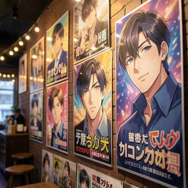 A wall in a trendy cafe covered in multiple glossy, high-definition posters of a handsome young male idol.