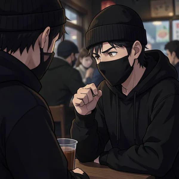 A young man in a beanie and mask sitting in a dark corner of a cafe, looking anxious.