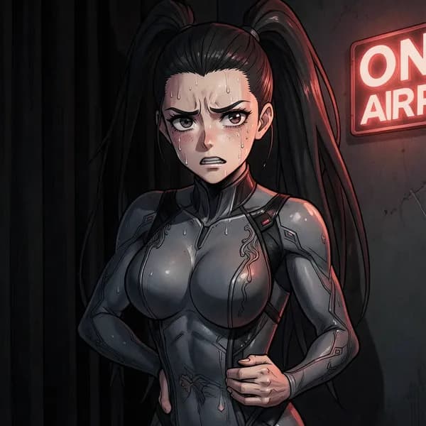 A female idol clutching her side in pain, sweating under a red light.