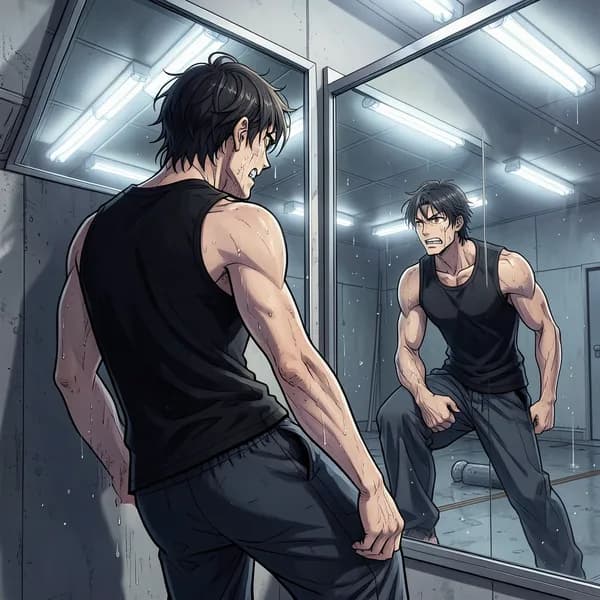 A male dancer in a studio, sweating and grimacing in pain while looking at his reflection in a mirror.