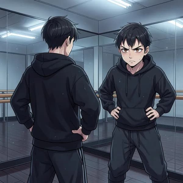A young male dancer in an oversized hoodie looking at his reflection in a studio mirror with intense, perfectionist eyes.