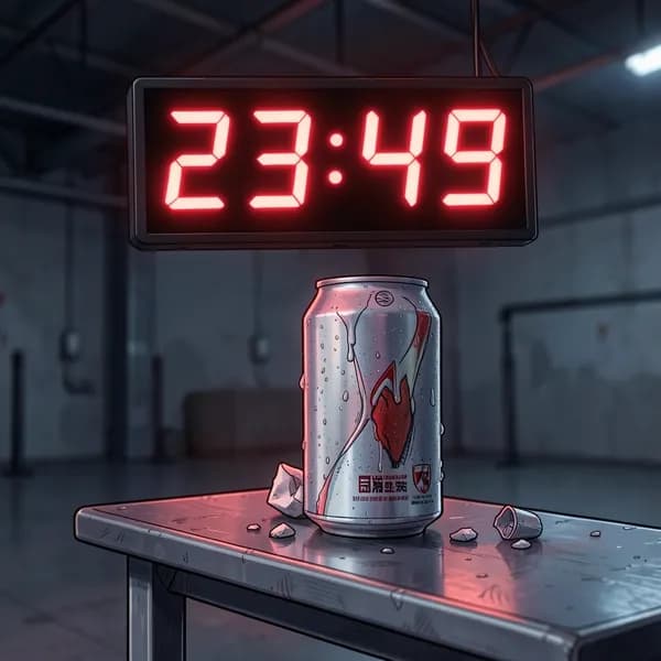 A digital clock on a studio wall showing 23:45, next to a discarded energy drink can.