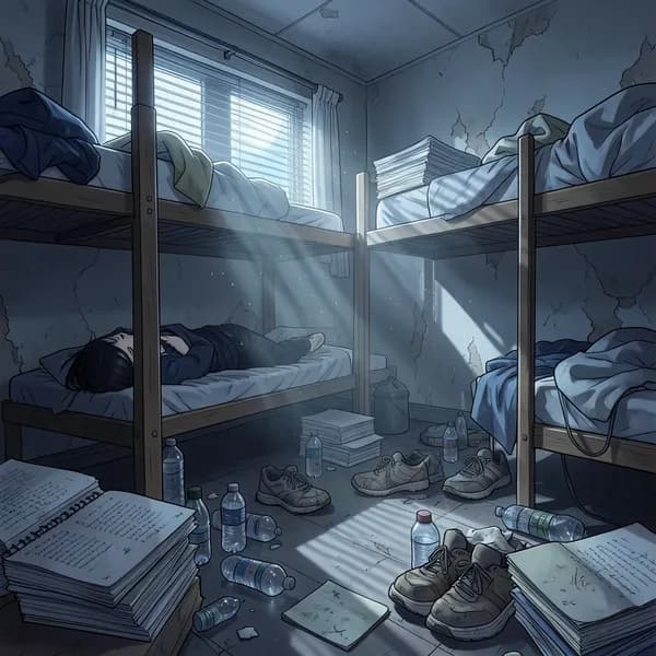 A cramped, cluttered trainee dormitory room at night, filled with stacks of notebooks and dance gear under moonlight.