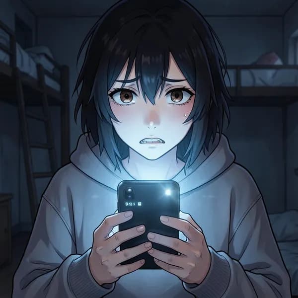 A young female trainee looking at her phone with an anxious expression in a dark room.