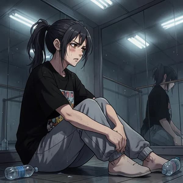 A exhausted female trainee sitting on a dance studio floor, sweat-drenched and looking at her reflection in the mirror.