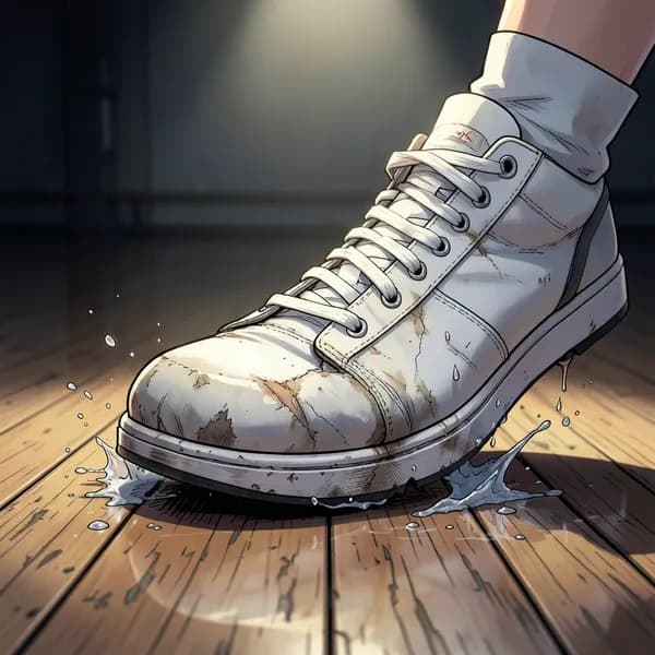 A close-up of a dancer's foot in a worn sneaker landing on a hardwood floor, emphasizing the physical strain of the injury.