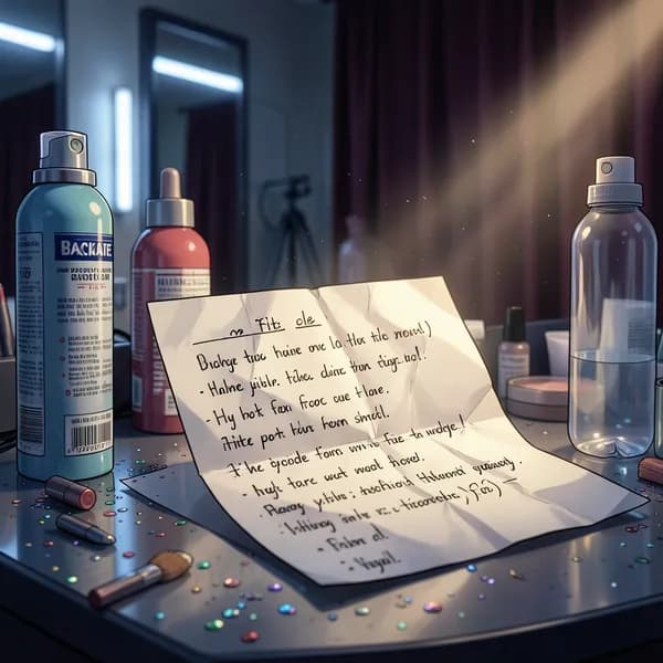 A crumpled, handwritten lyric sheet on a messy makeup table surrounded by hairspray and stage makeup.