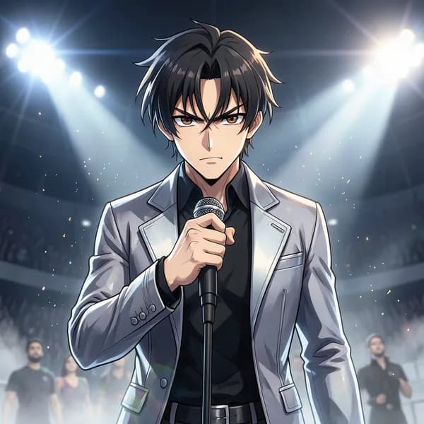 A male idol standing defiantly on a massive stage under a single spotlight.