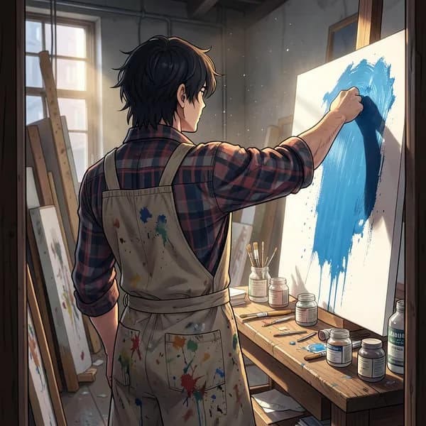 A male artist standing with his back to the viewer, painting on a large canvas in a cluttered industrial studio.