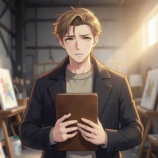A young man standing in a sunlit art studio, looking hesitant and vulnerable.