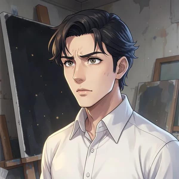 A young man with ethereal beauty standing in a studio, looking vulnerable and intense.