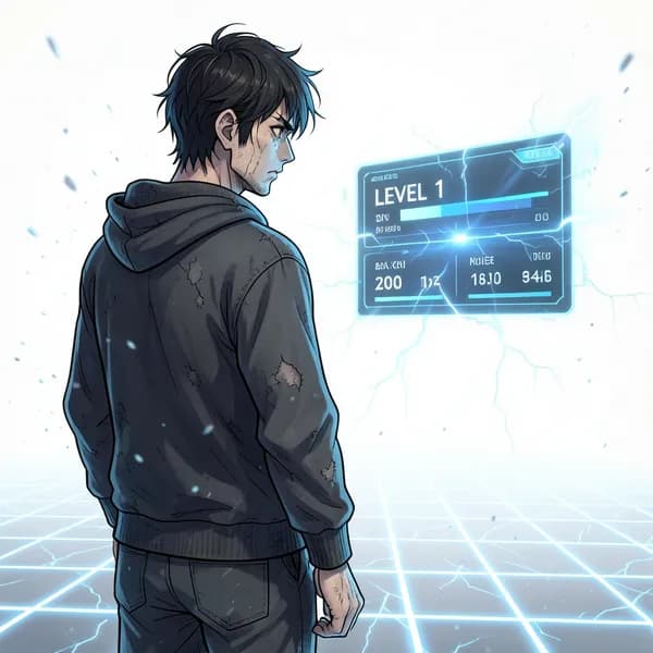 A desperate man standing in a sterile white void, looking at a glowing blue interface displaying his character stats.