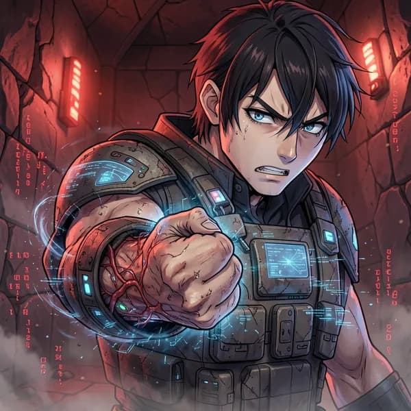 A man in tactical gear clenching his fist as his arm warps with digital distortion and red warning lights.