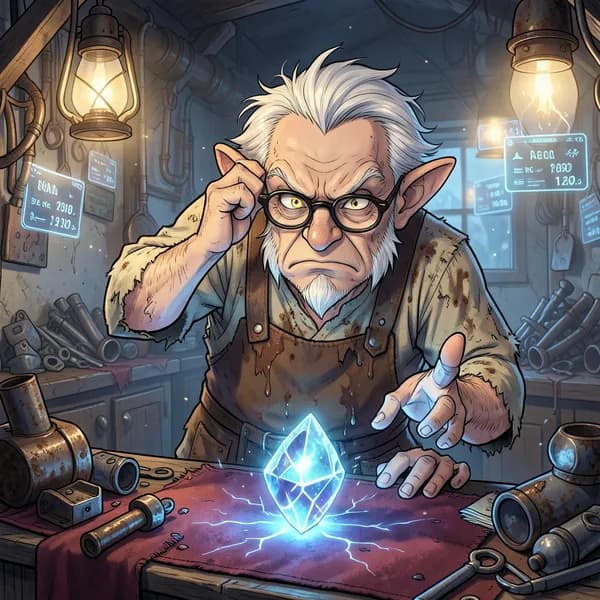 A hunched, cynical gnome vendor with spectacles sneers while appraising a cracked, glowing mana-shard on a cluttered, rusted counter.