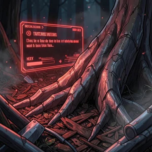 A close-up of a jagged metallic tree root with a translucent red digital HUD interface hovering in the foreground.
