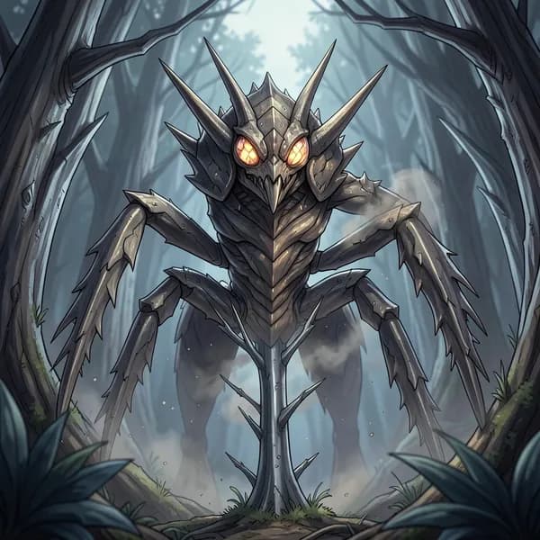 A massive, chitinous, insectoid monster with sharp, jagged legs emerging from behind a metallic sapling.