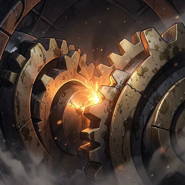 Massive, oil-stained brass gears grinding together in a dark, mechanical vault, emitting orange sparks.