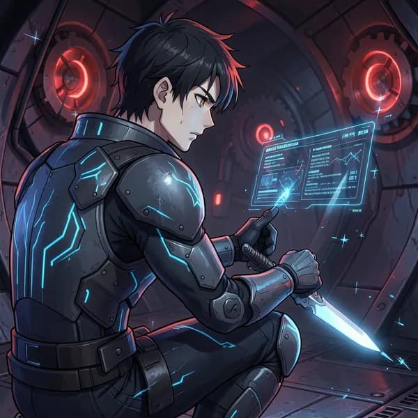 A male rogue character in tactical gear looking at a glowing HUD in a dark, mechanical room.