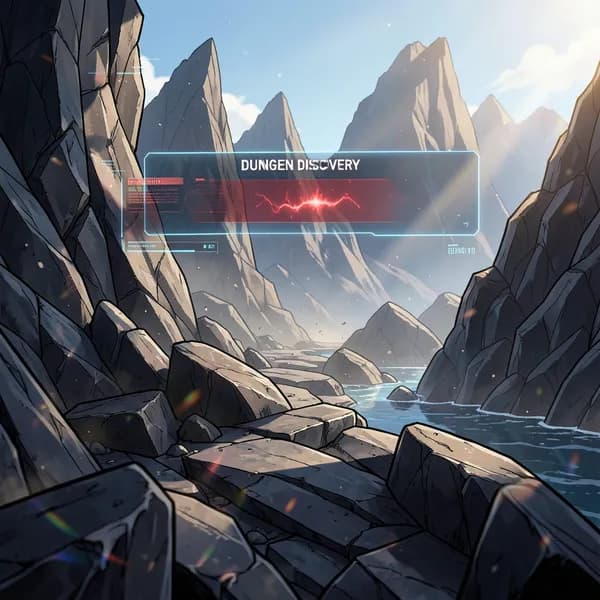 A jagged obsidian shoreline with a glowing digital HUD showing a flickering red stamina bar and a dungeon discovery notification.