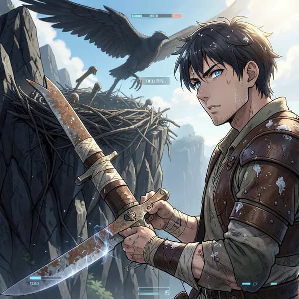 A battle-hardened sailor gripping a rusted scimitar while looking up at a massive, looming shadow.