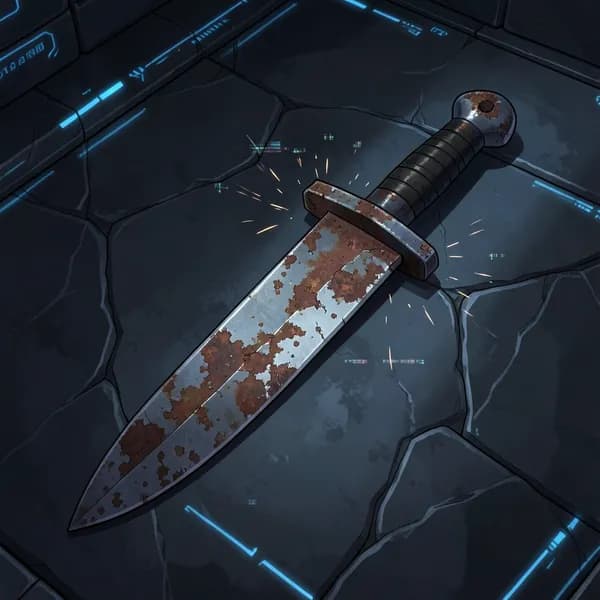A rusty, pathetic iron shortsword lying on a cold obsidian floor, surrounded by faint digital interface glitches.