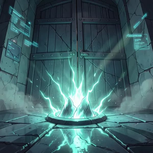 A glowing mana-vent in the floor emitting unstable energy as a heavy iron gate buckles in the background.