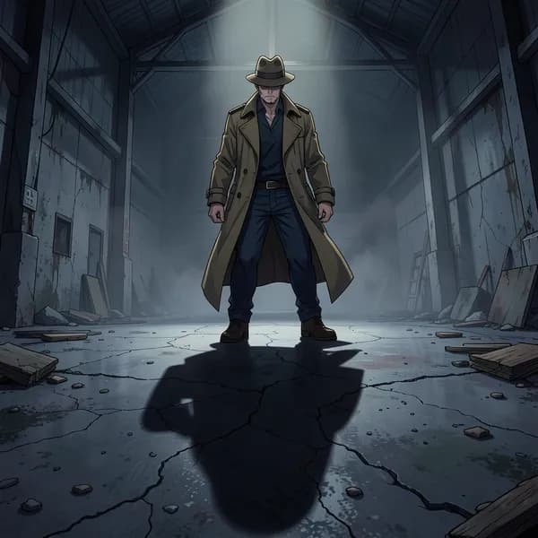 A long, ominous shadow of a man in a trench coat stretching across a dirty concrete warehouse floor.