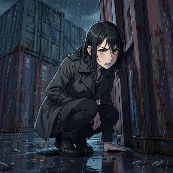 A young woman in a trench coat hiding behind a rusted shipping container in the rain.