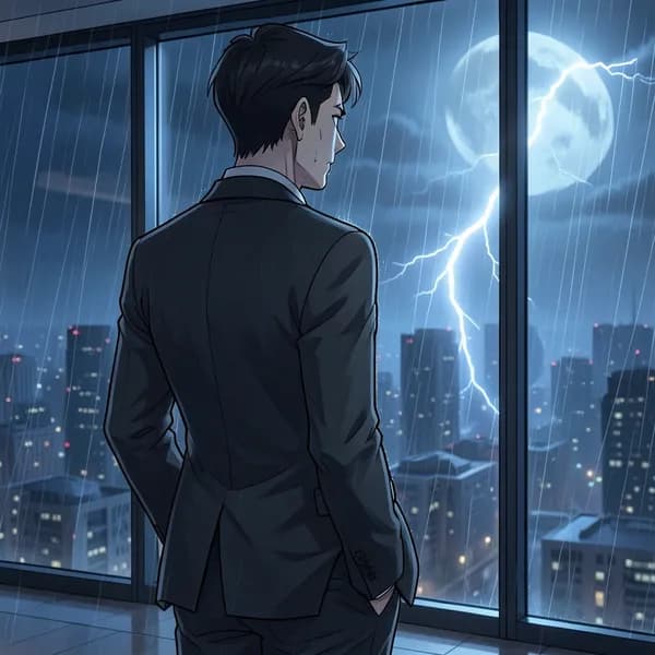 A young man in a charcoal suit stands before a window, looking out at the rain-slicked city.
