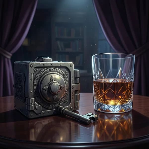 A heavy iron key resting on a mahogany desk next to a glass of scotch.