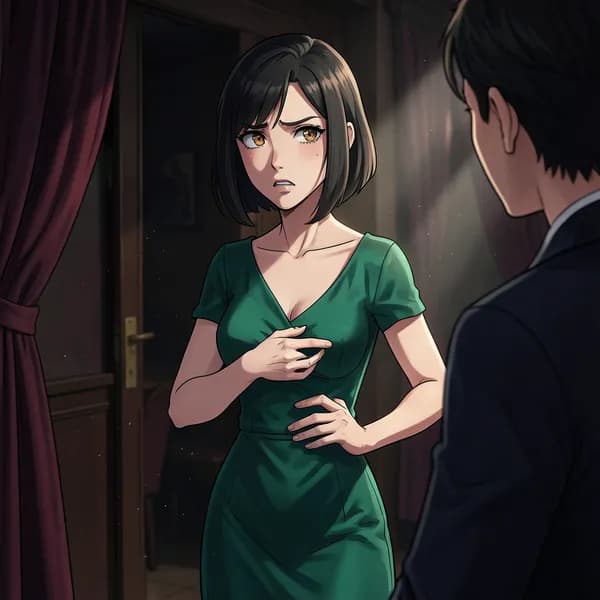 A woman in a silk gown standing in the shadows of a coat check, looking nervous.