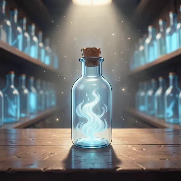 A close-up of a glowing blue glass vial on a dusty counter, illuminated by golden afternoon light.