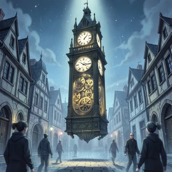 A clock tower suspended in mid-air above a village, its hands spinning backward in a distorted reality.