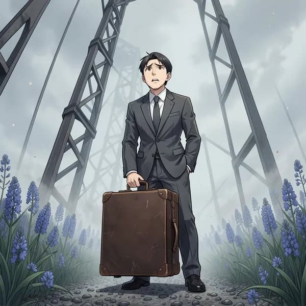 A man in a city suit standing on a platform looking at train tracks twisting into the sky.