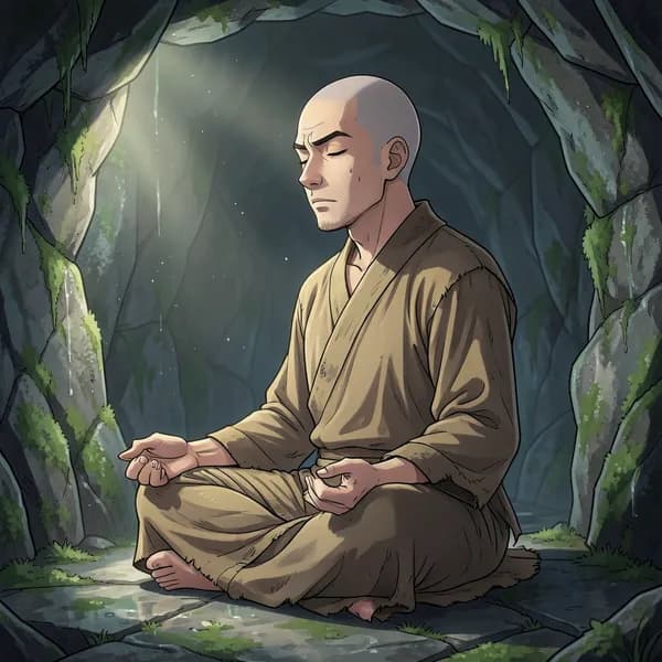 An elderly monk with a shaved head sits in deep meditation inside a damp, mossy cave.