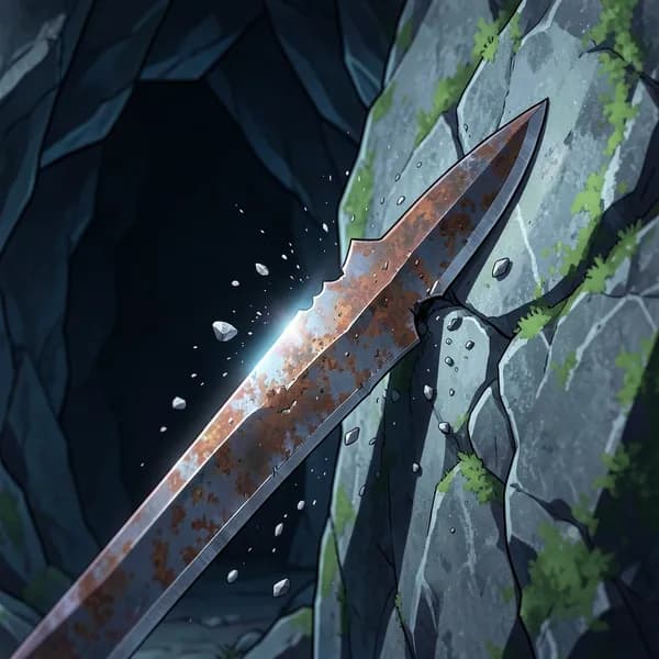 A jagged steel blade embedded into a rock face inside a cave.