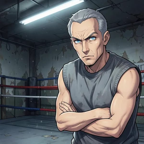 An older, stern boxing coach with scarred knuckles observing a student from the side of a ring.