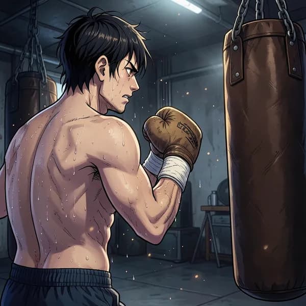 A determined boxer standing before a heavy bag, muscles tensed and ready to strike.