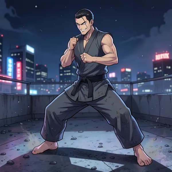 A lean martial artist in a dark gi stands in a predatory, wide fighting stance on a high rooftop.